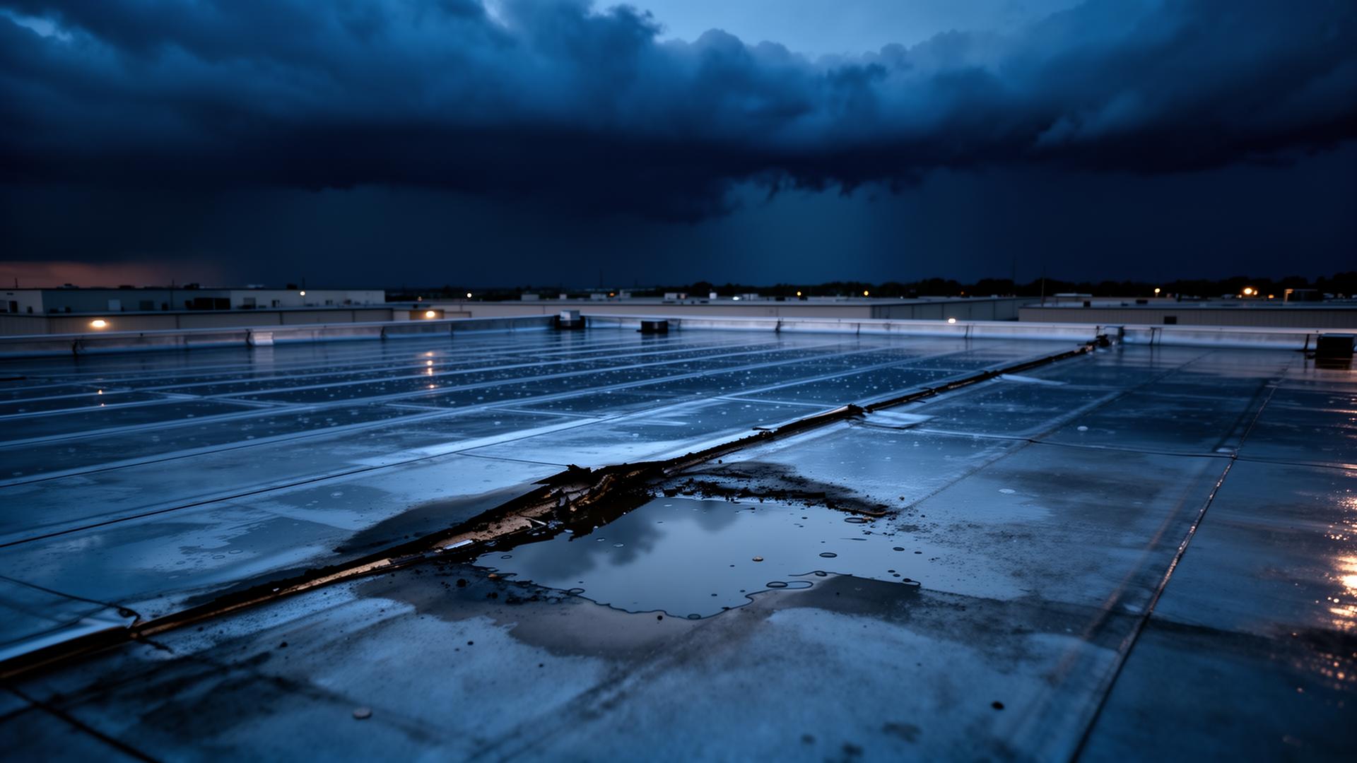 Storm clouds over a flat commercial roof with water pooling near a damaged seam